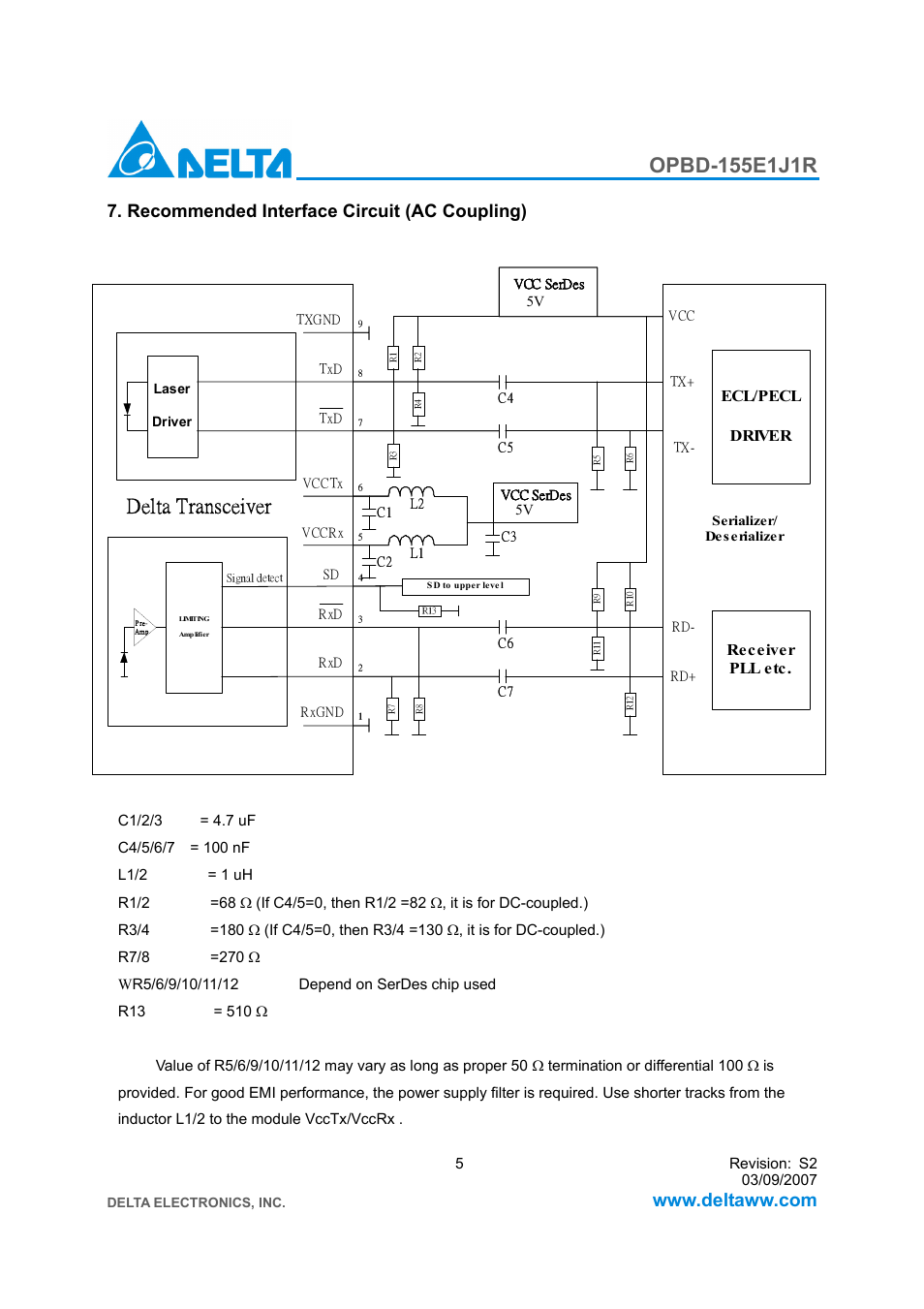 Delta transceiver, Recommended interface circuit (ac coupling) | Delta Electronics 1x9 Bi-Directional Transceiver Module OPBD-155E1J1R User Manual | Page 5 / 7