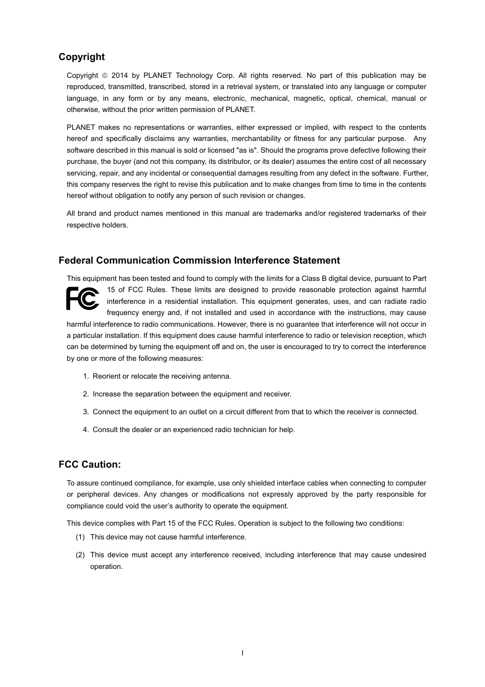 Copyright, Fcc caution | PLANET EPN-402NV User Manual | Page 2 / 104