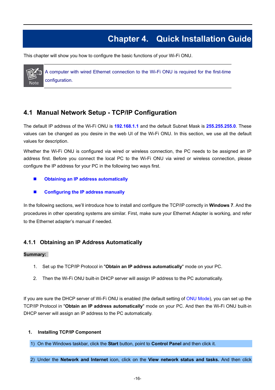 Chapter 4. quick installation guide, 1 manual network setup - tcp/ip configuration, 1 obtaining an ip address automatically | Chapter 4, Quick installation guide, Manual network setup - tcp/ip configuration, Obtaining an ip address automatically | PLANET EPN-402NV User Manual | Page 22 / 104