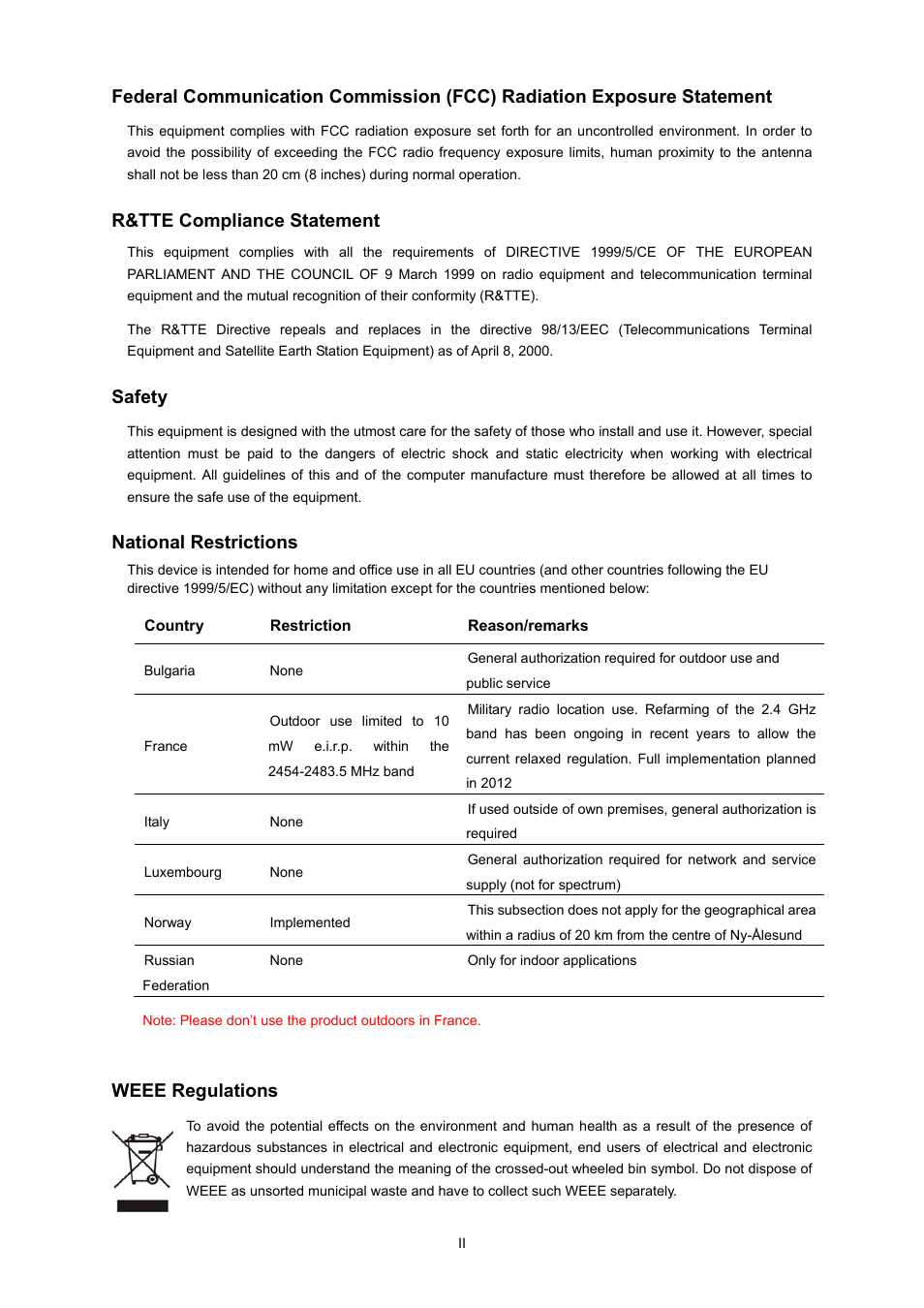 R&tte compliance statement, Safety, National restrictions | Weee regulations | PLANET EPN-402NV User Manual | Page 3 / 104