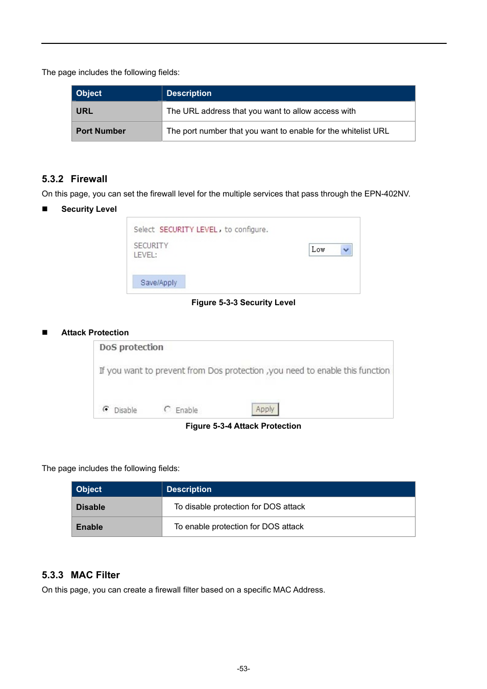 2 firewall, 3 mac filter, Firewall | Mac filter | PLANET EPN-402NV User Manual | Page 59 / 104
