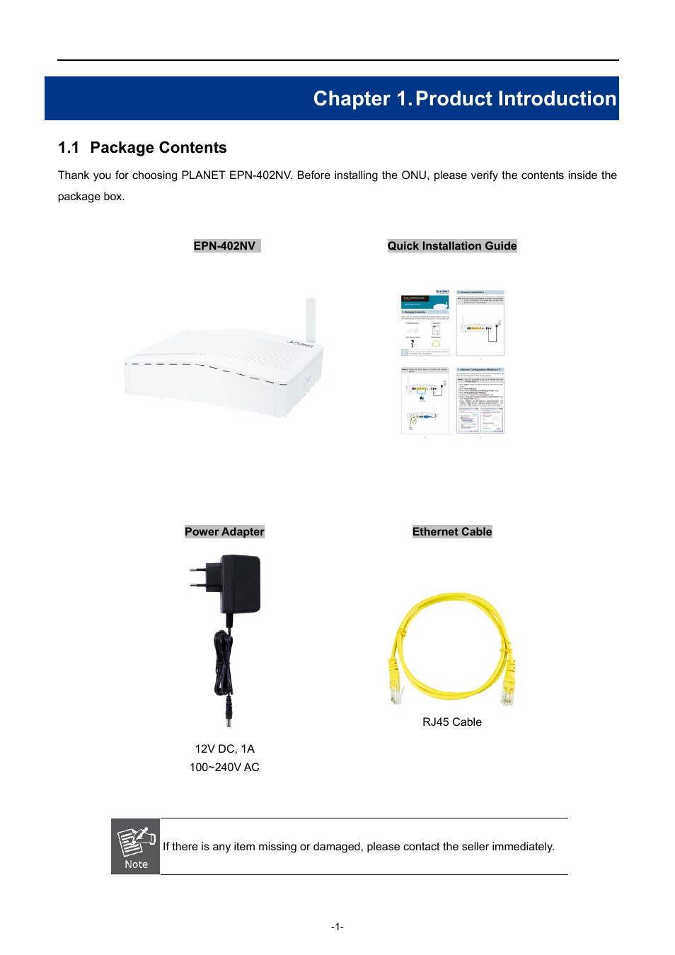 Chapter 1. product introduction, 1 package contents, Chapter 1 | Product introduction, Package contents | PLANET EPN-402NV User Manual | Page 7 / 104