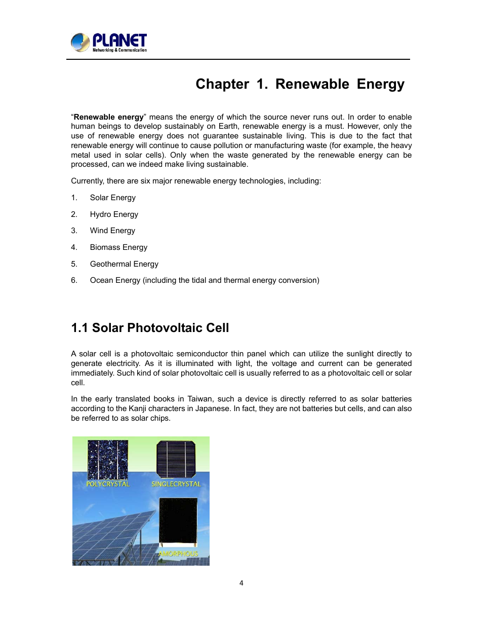 Chapter 1. renewable energy, 1 solar photovoltaic cell, Olar | Hotovoltaic | PLANET BSP-300 User Manual | Page 5 / 35