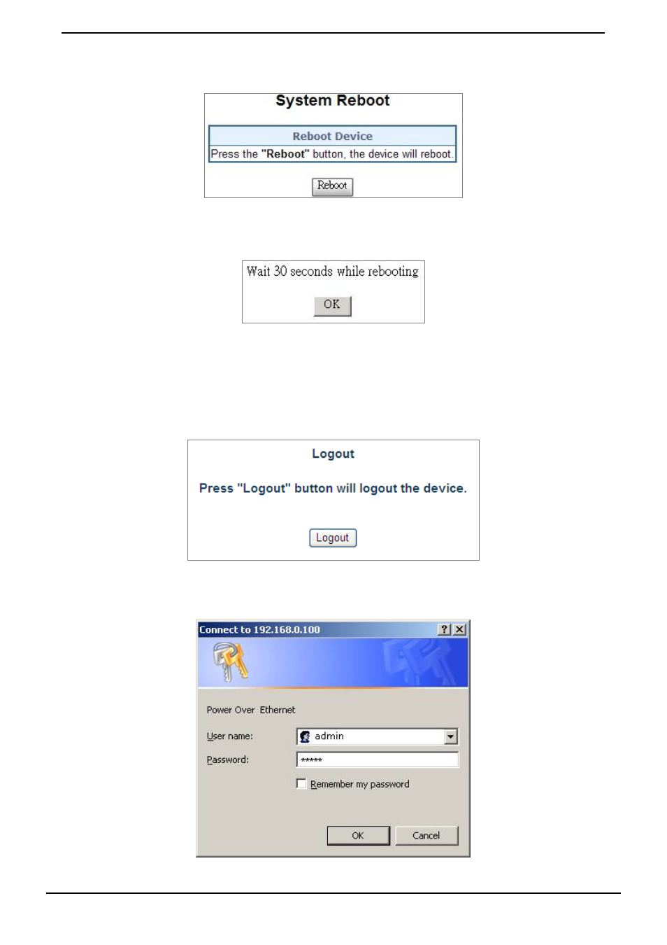 9 system reboot, 10 logout | PLANET HPOE-1200G User Manual | Page 35 / 57