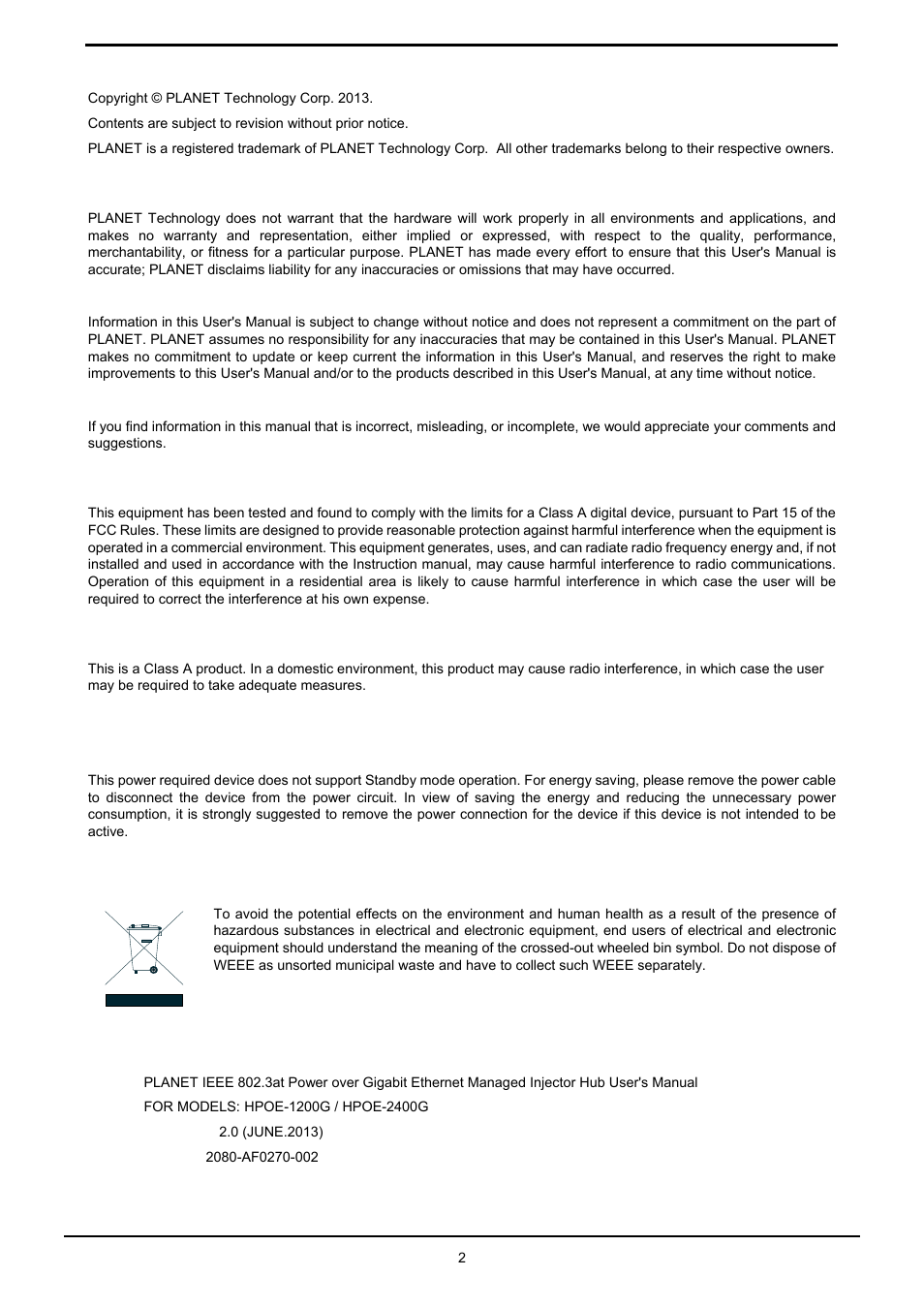 Trademarks, Disclaimer, Fcc warning | Ce mark warning, Weee warning | PLANET HPOE-1200G User Manual | Page 2 / 58