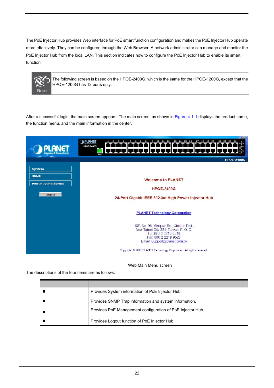 4 web configuration, 1 main menu, Anin | PLANET HPOE-1200G User Manual | Page 22 / 58