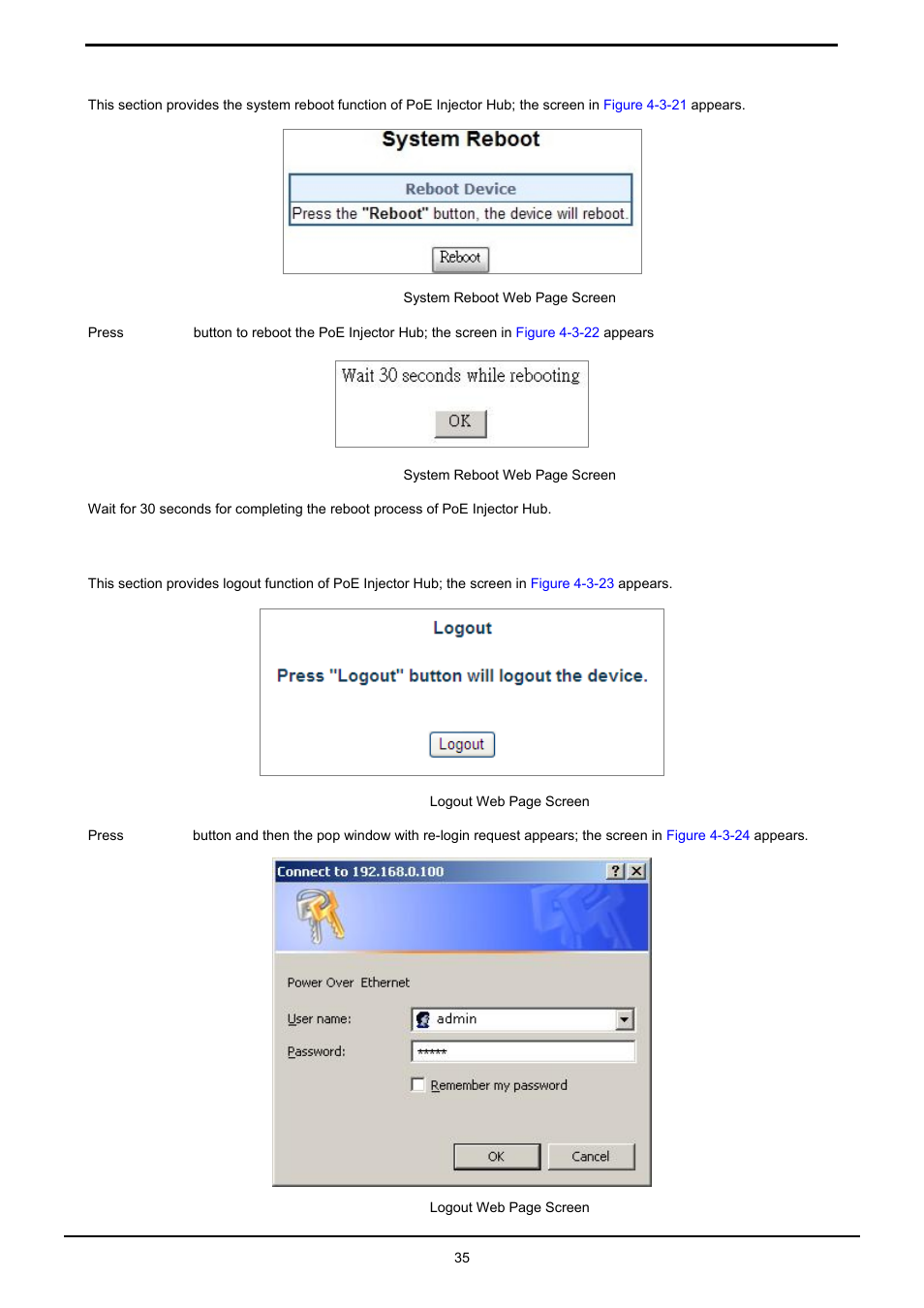 9 system reboot, 10 logout | PLANET HPOE-1200G User Manual | Page 35 / 58