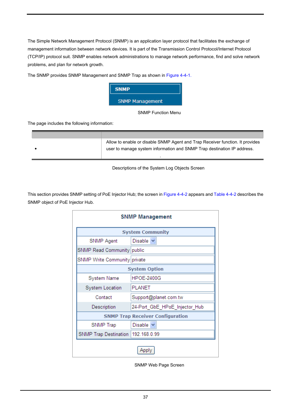 4 snmp, 1 snmp management, Snmp | PLANET HPOE-1200G User Manual | Page 37 / 58