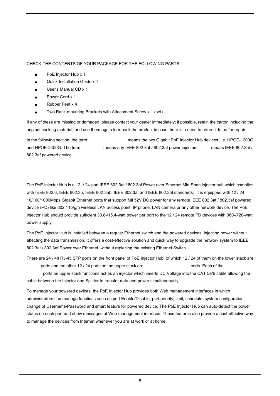 Introduction, 1 package contents, 2 product description | Ackage, Ontents, Roduct, Escription | PLANET HPOE-1200G User Manual | Page 5 / 58