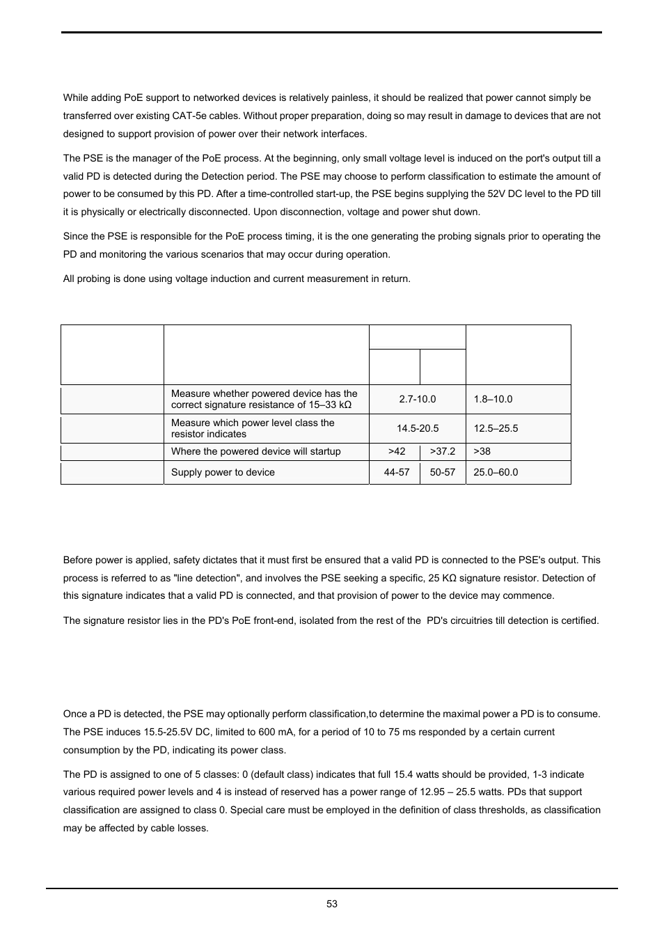 The poe provision process, Stages of powering up a poe link, 1 line detection | 2 classification, Poe provision process, Etection, Lassification | PLANET HPOE-1200G User Manual | Page 53 / 58