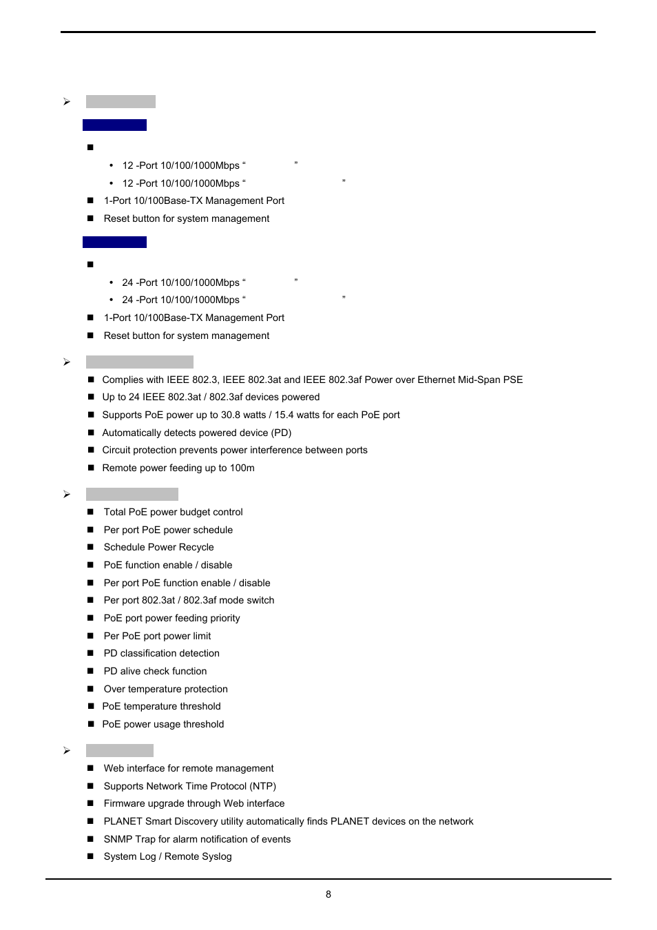 4 product features, Roduct, Eatures | PLANET HPOE-1200G User Manual | Page 8 / 58