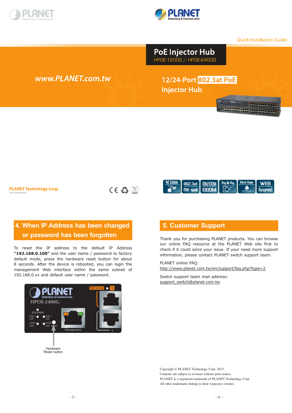 Customer support, Hpoe-2400g | PLANET HPOE-1200G User Manual | Page 2 / 2
