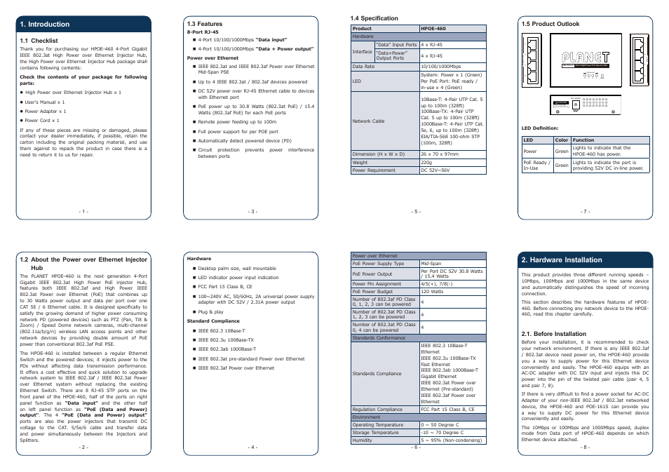 PLANET HPOE-460 User Manual | 2 pages