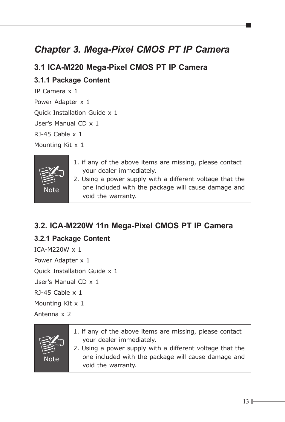 Chapter 3. mega-pixel cmos pt ip camera, 1 ica-m220 mega-pixel cmos pt ip camera | PLANET ICA-107P User Manual | Page 13 / 32