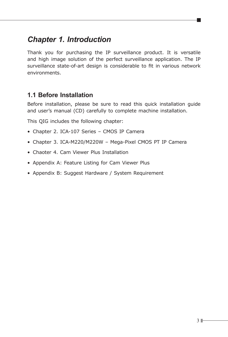 Chapter 1. introduction, 1 before installation | PLANET ICA-107P User Manual | Page 3 / 32
