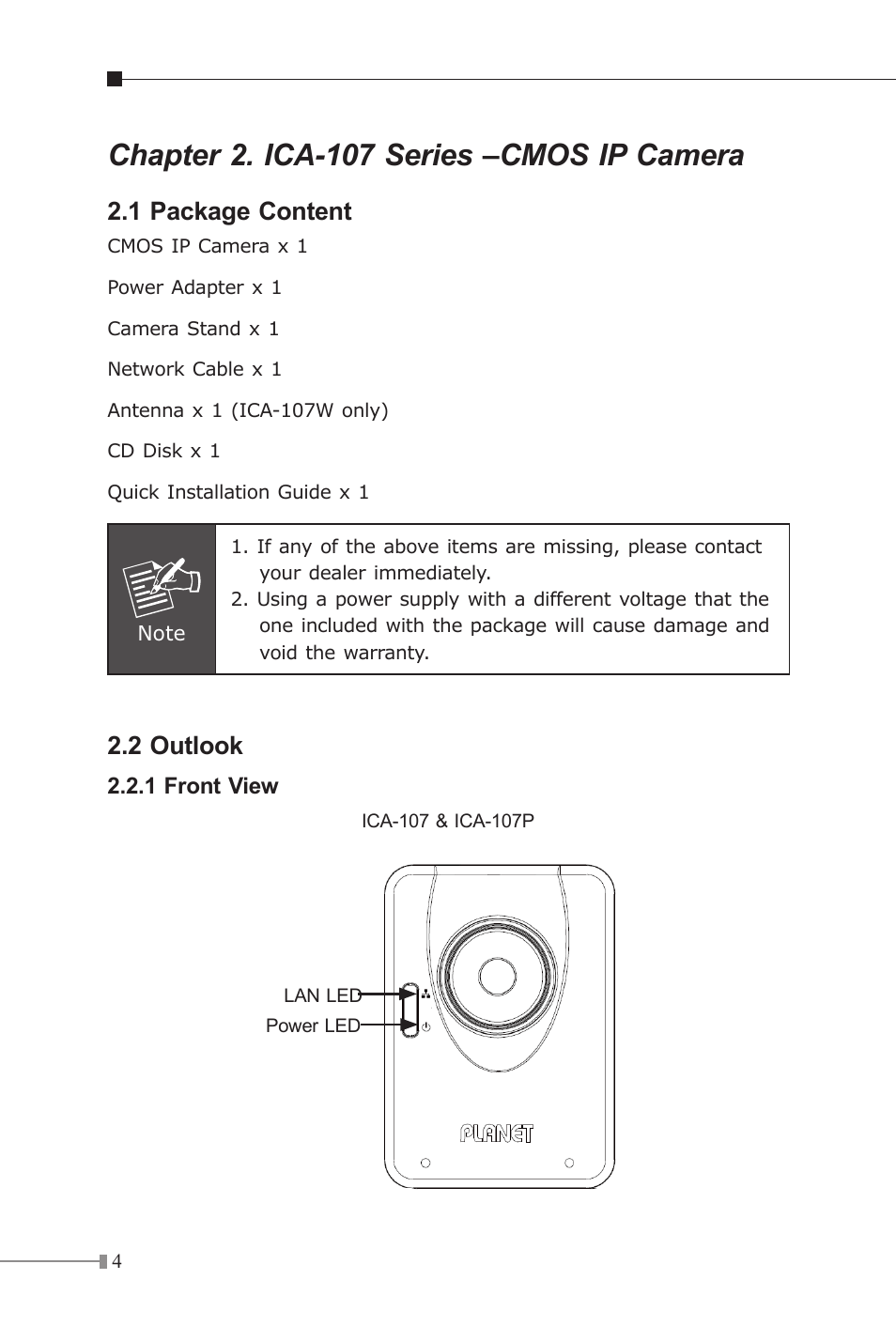 Chapter 2. ica-107 series –cmos ip camera, 1 package content, 2 outlook | PLANET ICA-107P User Manual | Page 4 / 32