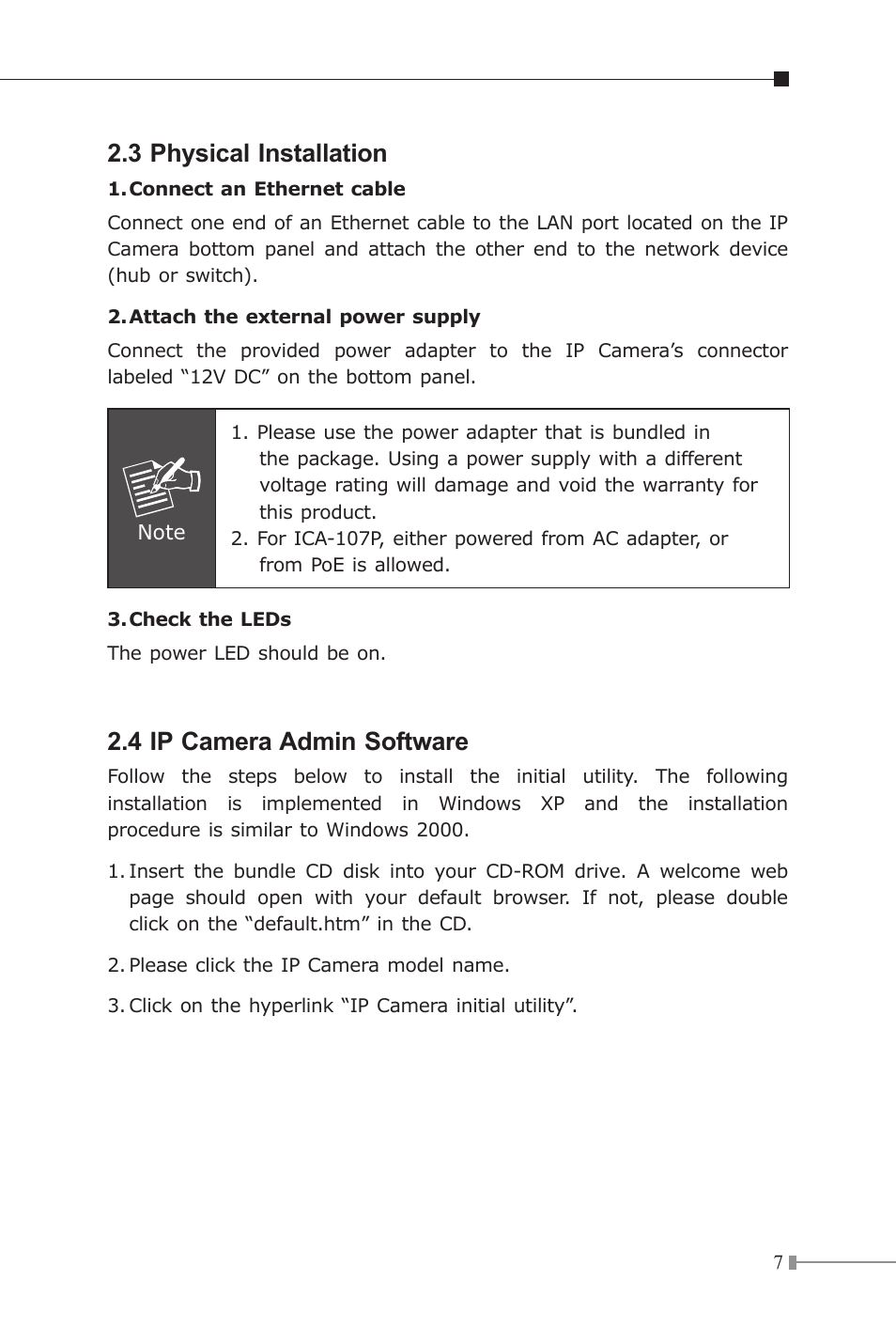 3 physical installation, 4 ip camera admin software | PLANET ICA-107P User Manual | Page 7 / 32