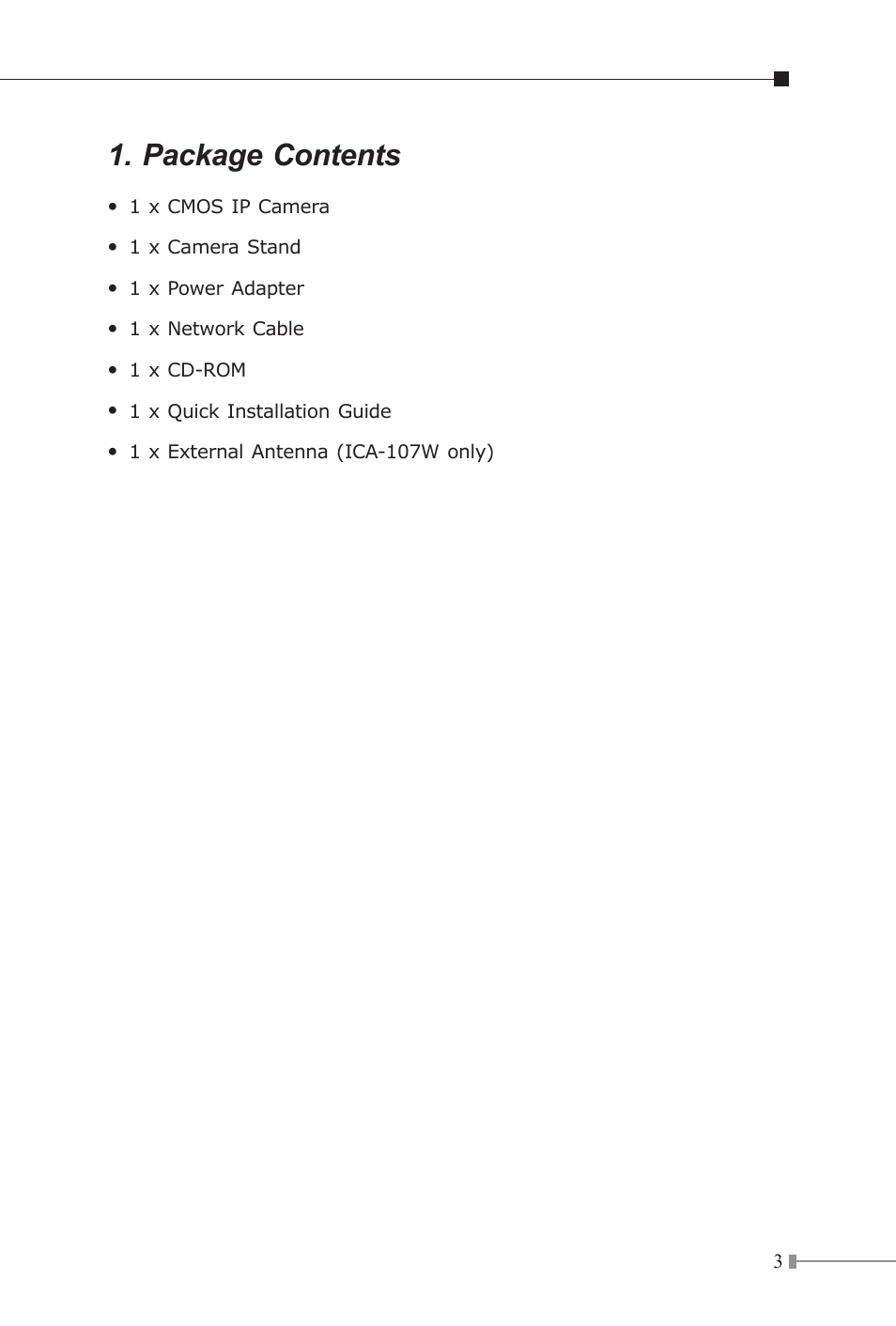 Package contents | PLANET ICA-107P User Manual | Page 3 / 16