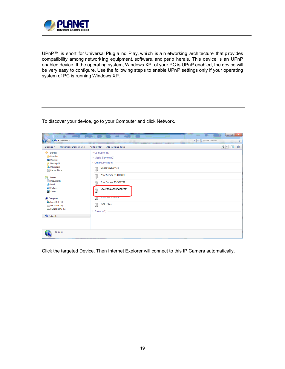 Using upnp of windows xp or vista or win7 | PLANET ICA-2200 User Manual | Page 25 / 95