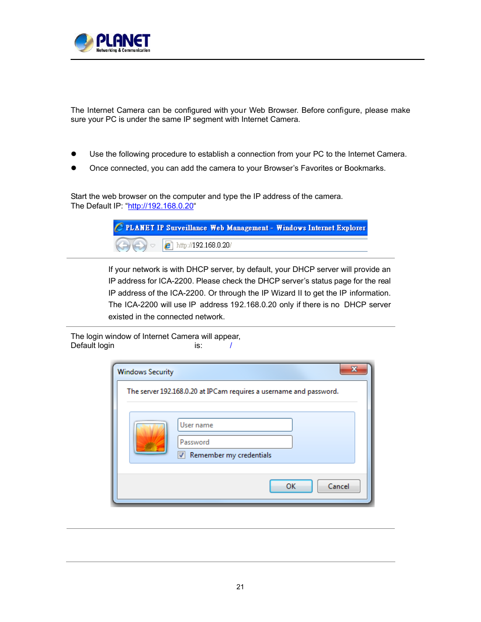 Before you begin, Connecting to internet camera | PLANET ICA-2200 User Manual | Page 27 / 95