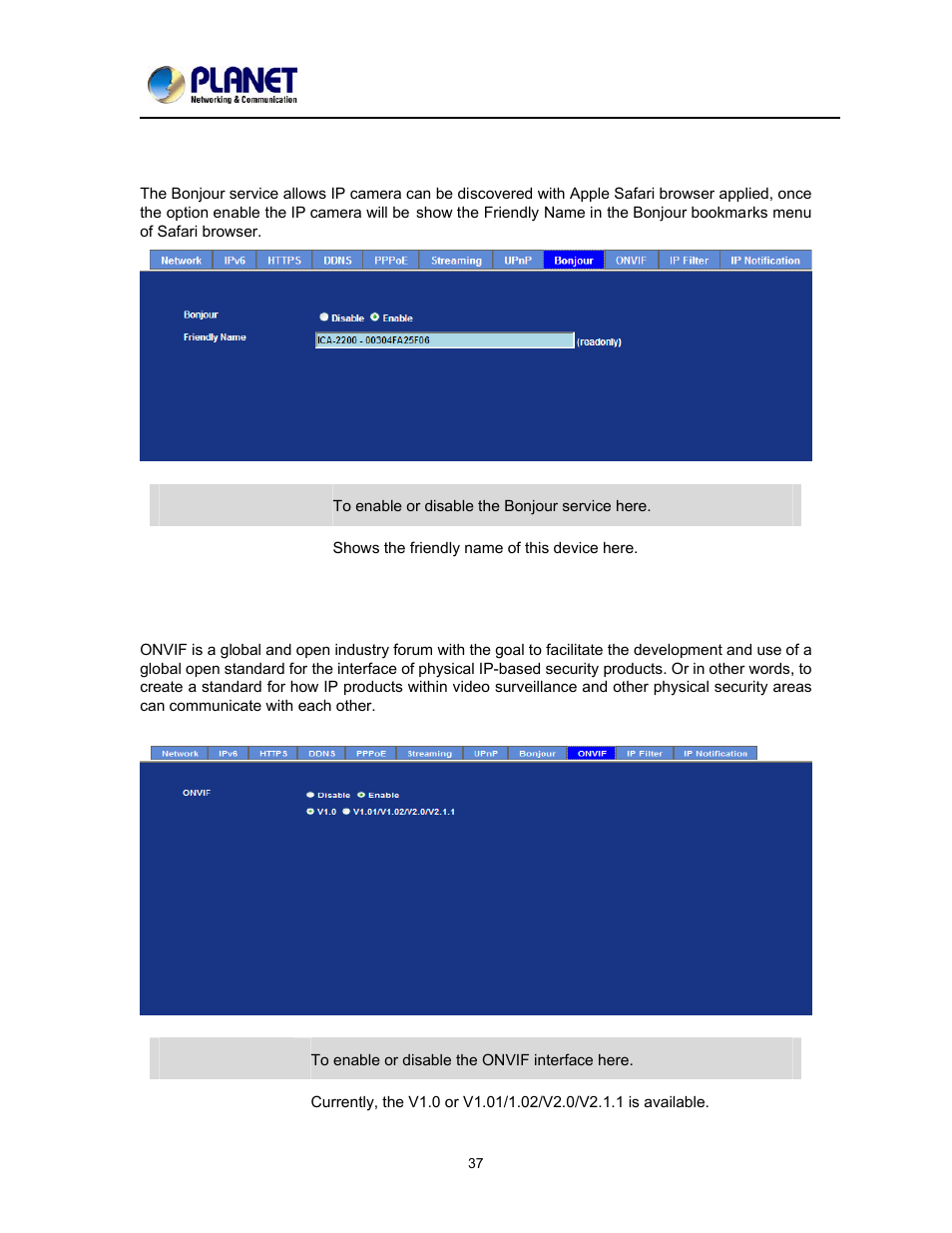 Bonjour, Onvif | PLANET ICA-2200 User Manual | Page 43 / 95