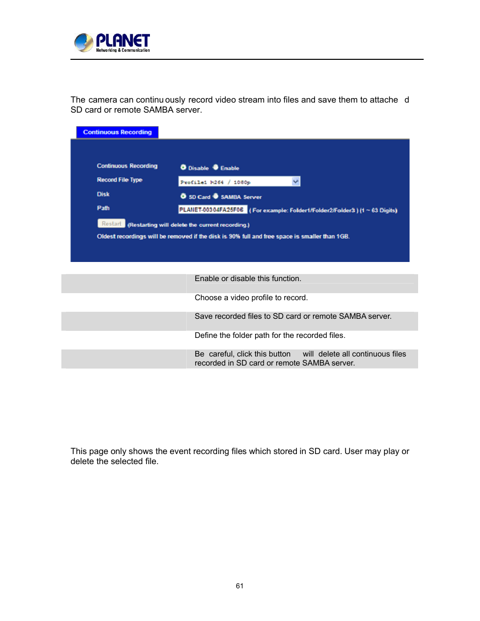 Continuous recording, Recording list | PLANET ICA-2200 User Manual | Page 67 / 95