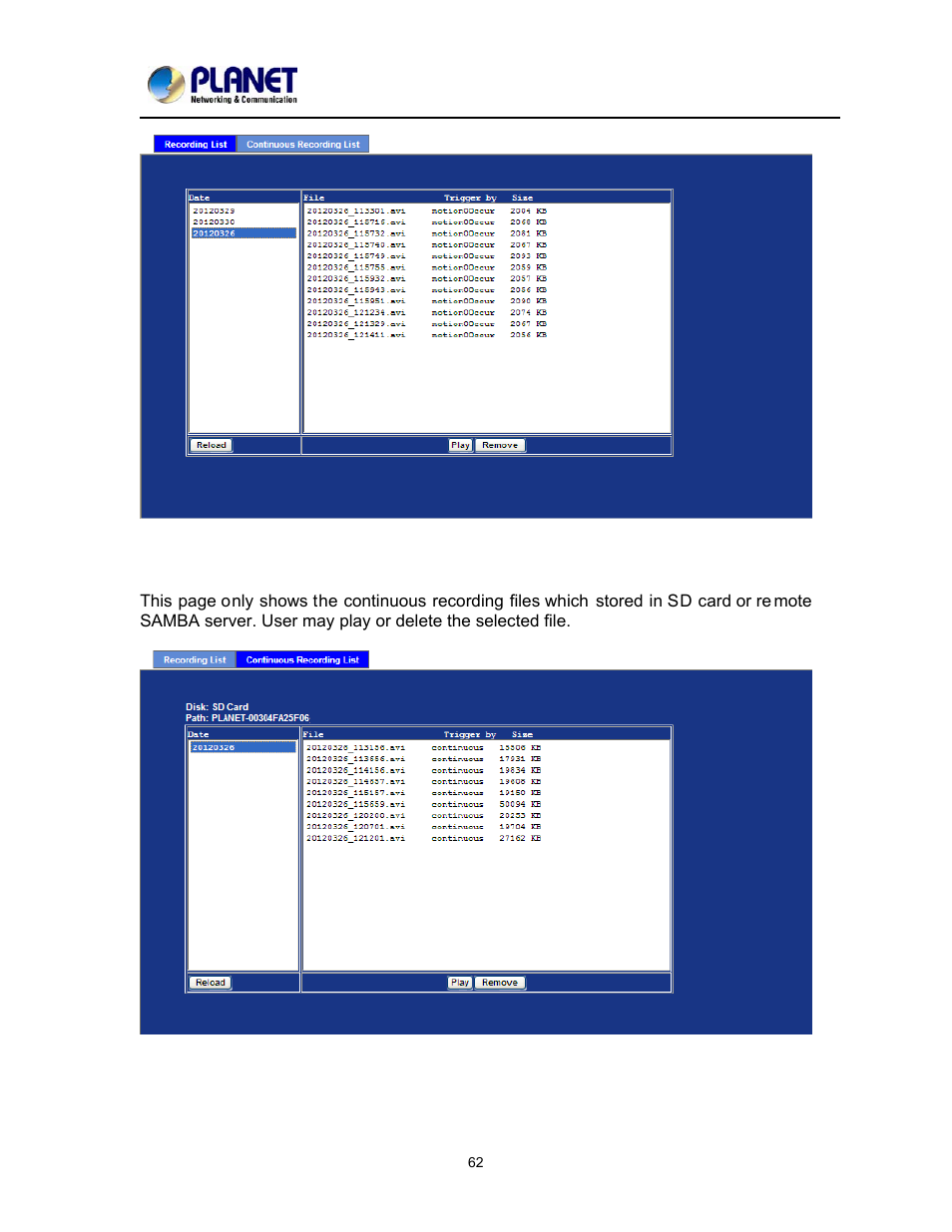 Continuous recording list | PLANET ICA-2200 User Manual | Page 68 / 95