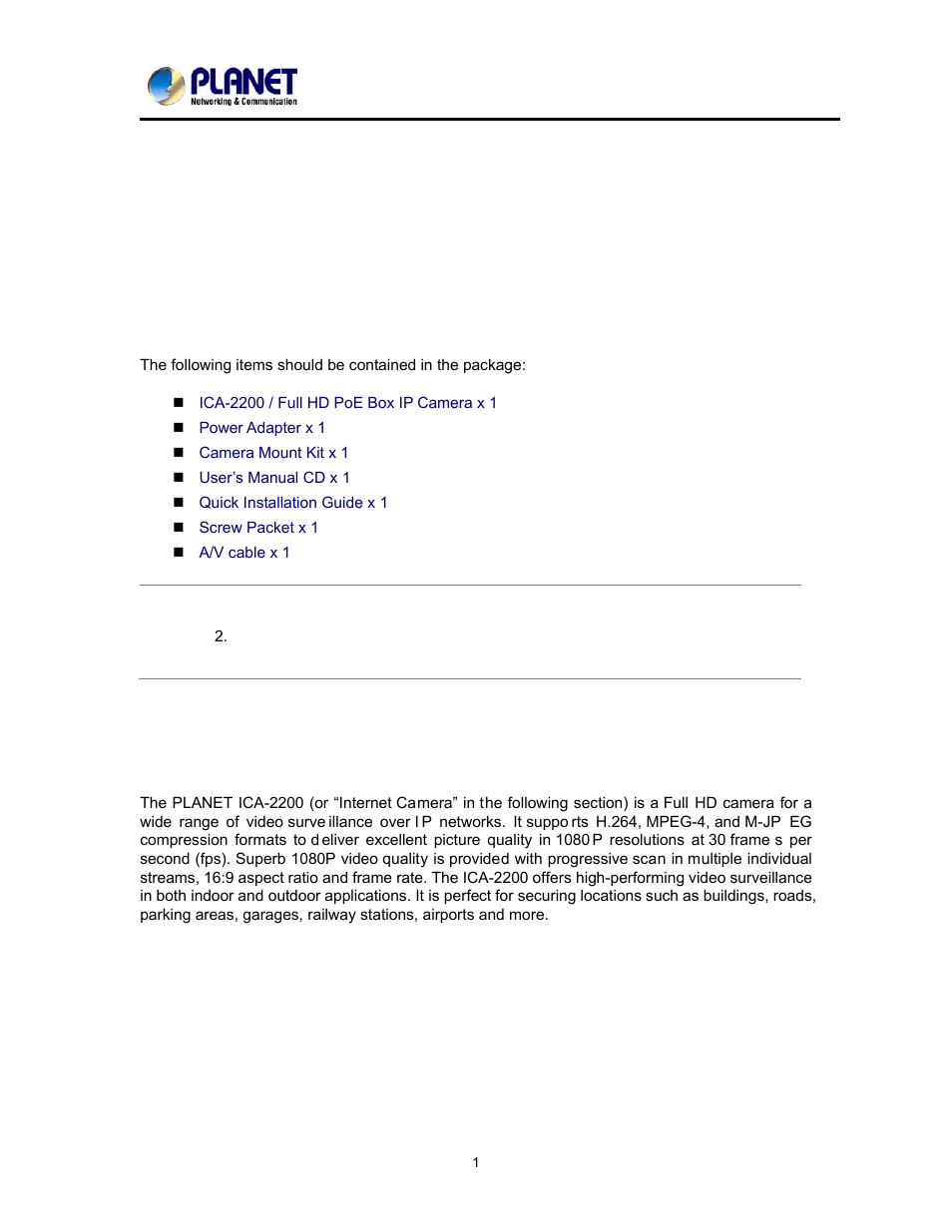 Chapter 1. product introduction, Package contents, Product description | PLANET ICA-2200 User Manual | Page 7 / 95