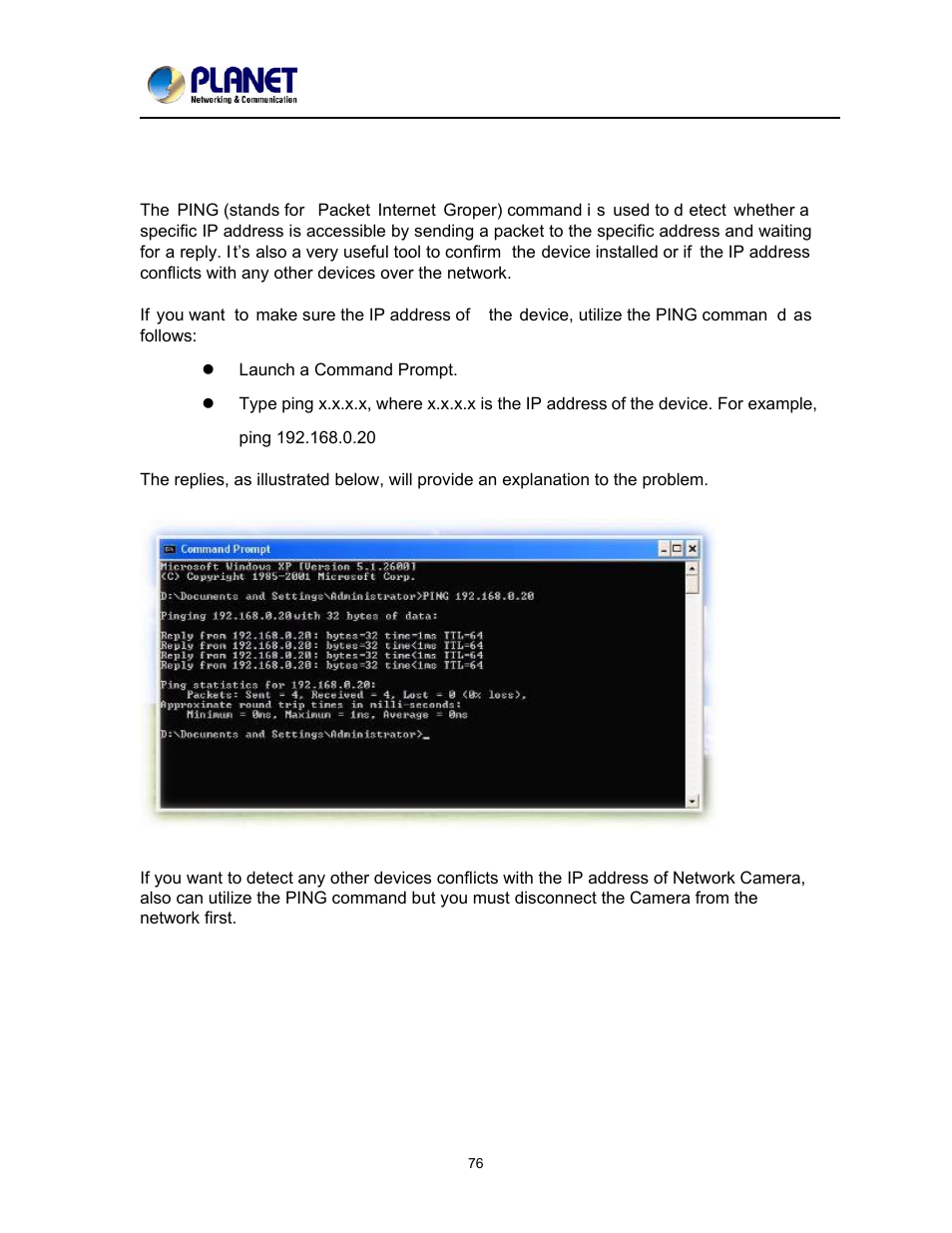 Chapter 9. ping ip address | PLANET ICA-2200 User Manual | Page 82 / 95