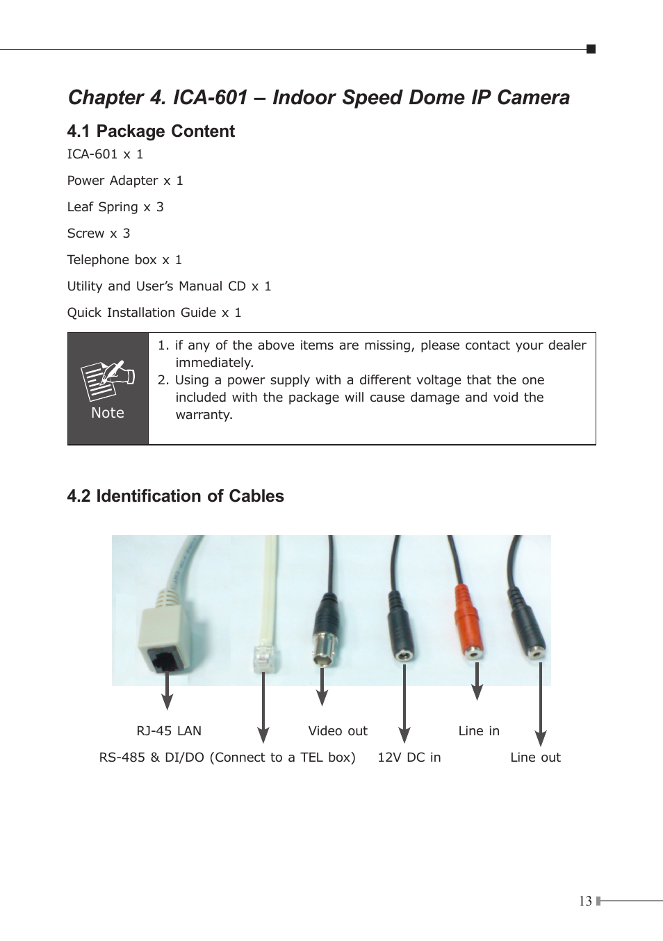 Chapter 4. ica-601 – indoor speed dome ip camera, 1 package content, 2 identification of cables | PLANET ICA-230 User Manual | Page 13 / 36