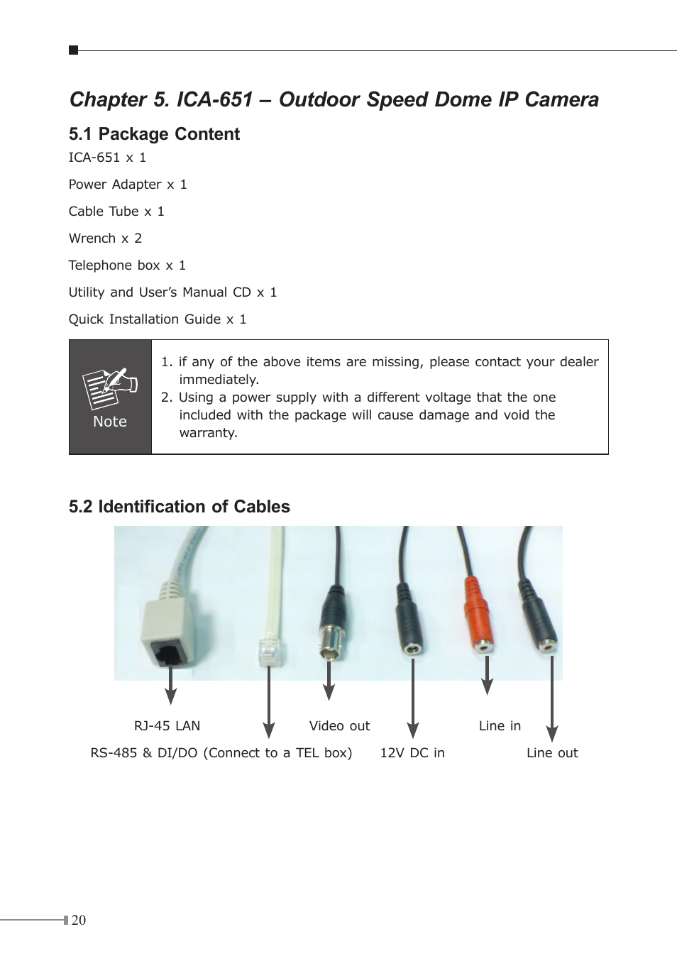 Chapter 5. ica-651 – outdoor speed dome ip camera, 1 package content, 2 identification of cables | PLANET ICA-230 User Manual | Page 20 / 36