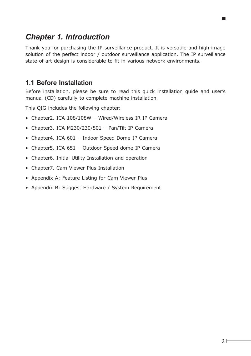 Chapter 1. introduction, 1 before installation | PLANET ICA-230 User Manual | Page 3 / 36