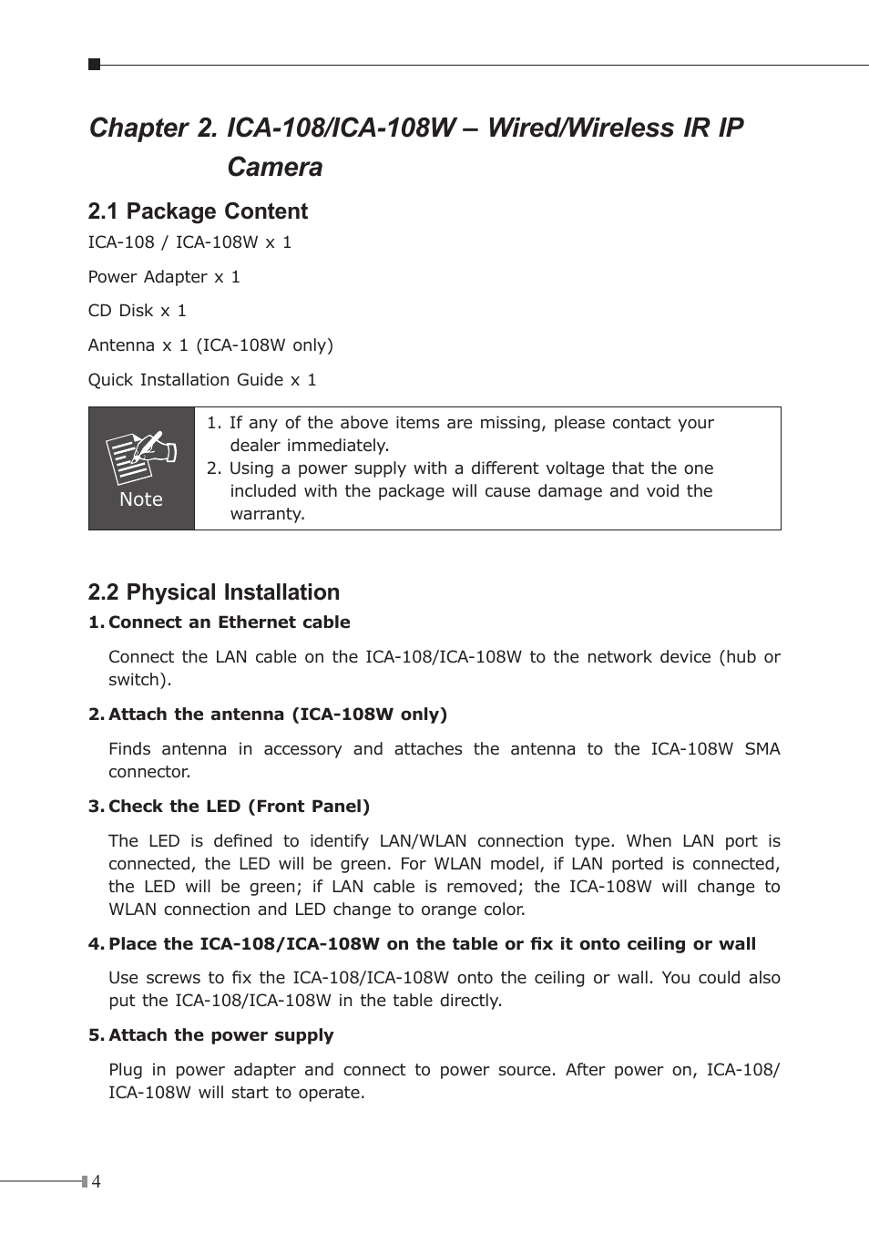 1 package content, 2 physical installation | PLANET ICA-230 User Manual | Page 4 / 36