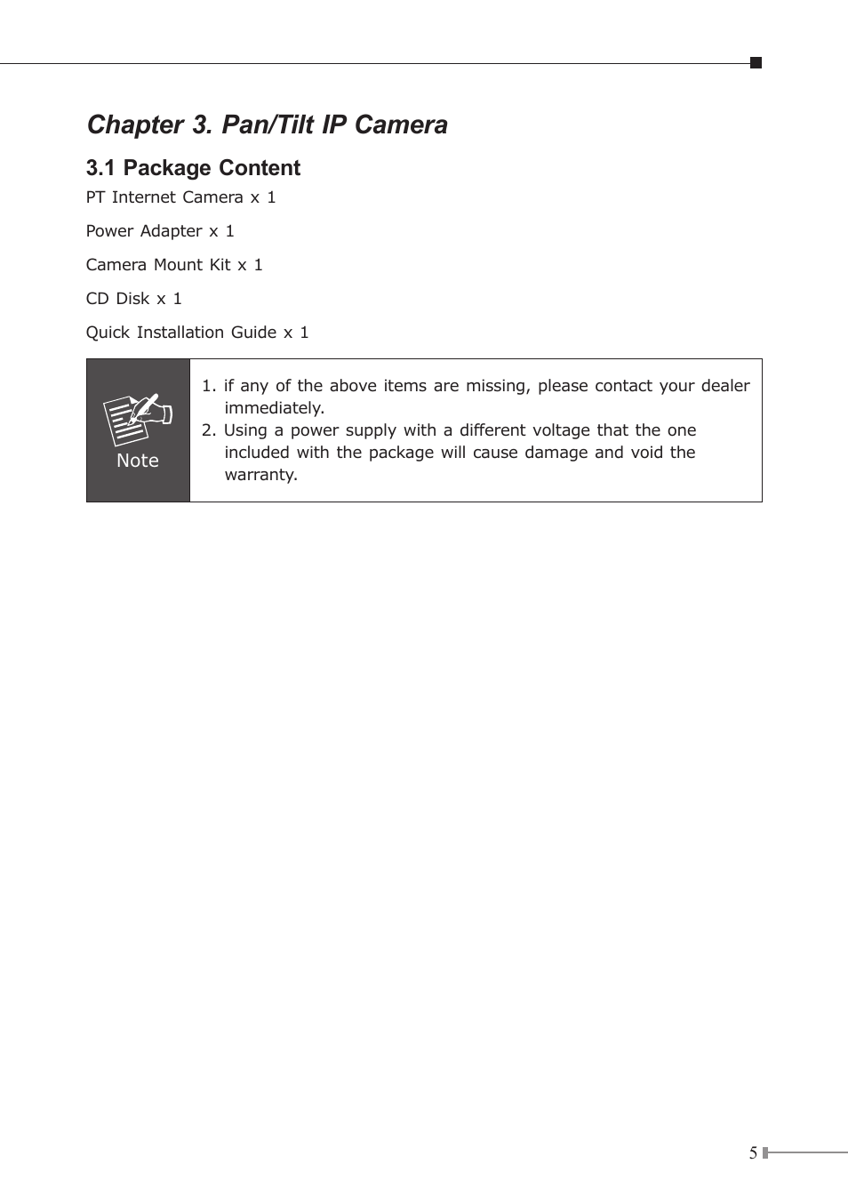 Chapter 3. pan/tilt ip camera, 1 package content | PLANET ICA-230 User Manual | Page 5 / 36