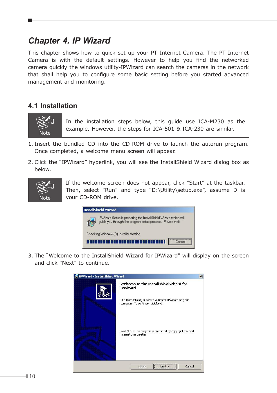 Chapter 4. ip wizard, 1 installation | PLANET ICA-230 User Manual | Page 10 / 20