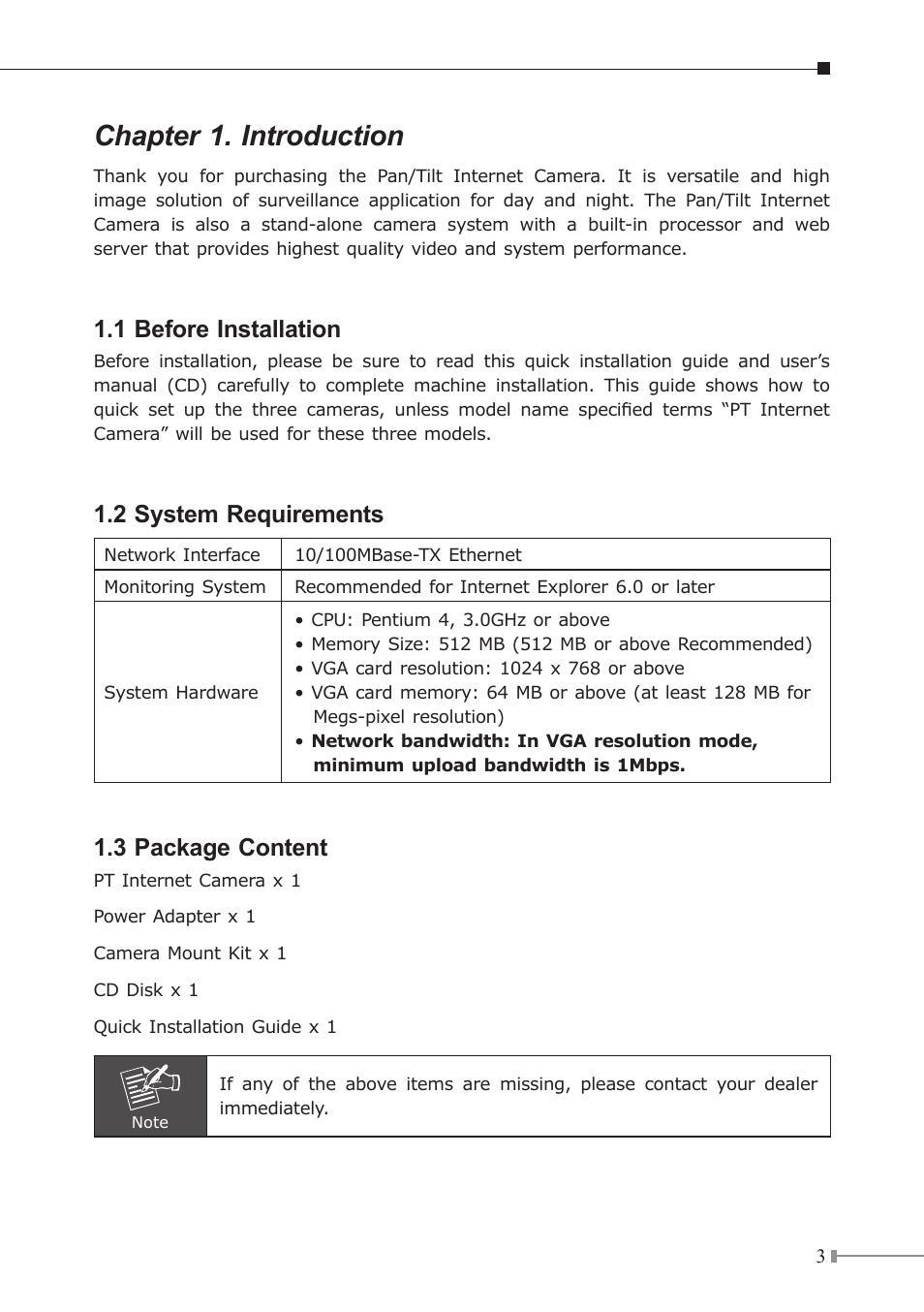 Chapter 1. introduction, 1 before installation, 2 system requirements | 3 package content | PLANET ICA-230 User Manual | Page 3 / 20