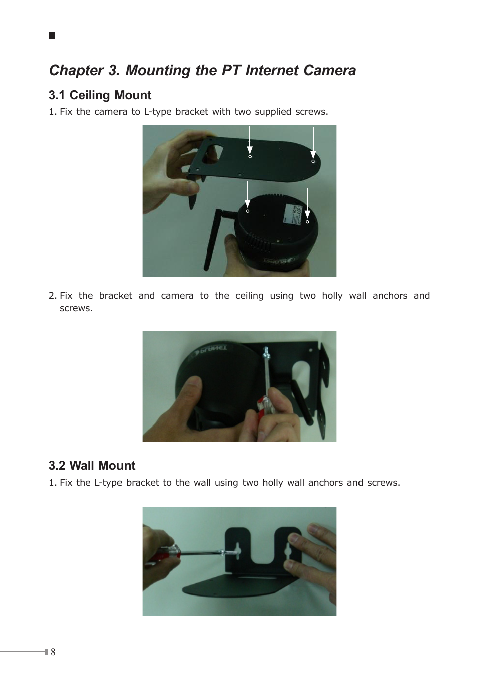 Chapter 3. mounting the pt internet camera, 1 ceiling mount, 2 wall mount | PLANET ICA-230 User Manual | Page 8 / 20