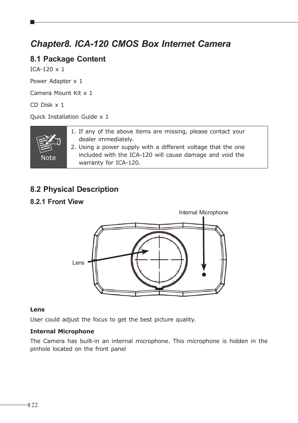 Chapter8. ica-120 cmos box internet camera, 1 package content, 2 physical description | PLANET ICA-310 User Manual | Page 22 / 40