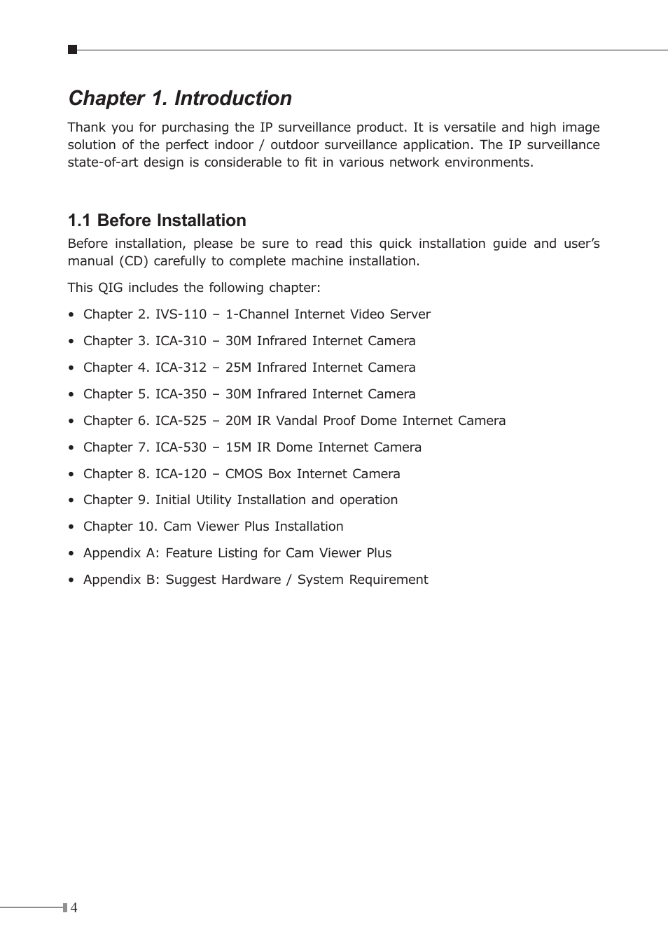 Chapter 1. introduction, 1 before installation | PLANET ICA-310 User Manual | Page 4 / 40