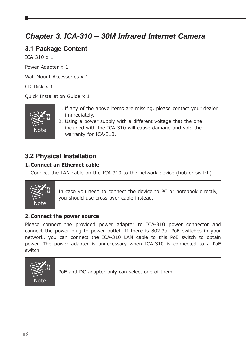 1 package content, 2 physical installation | PLANET ICA-310 User Manual | Page 8 / 40