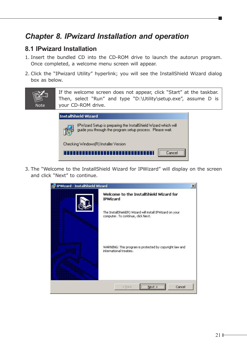 Chapter 8. ipwizard installation and operation, 1 ipwizard installation | PLANET ICA-310 User Manual | Page 21 / 32