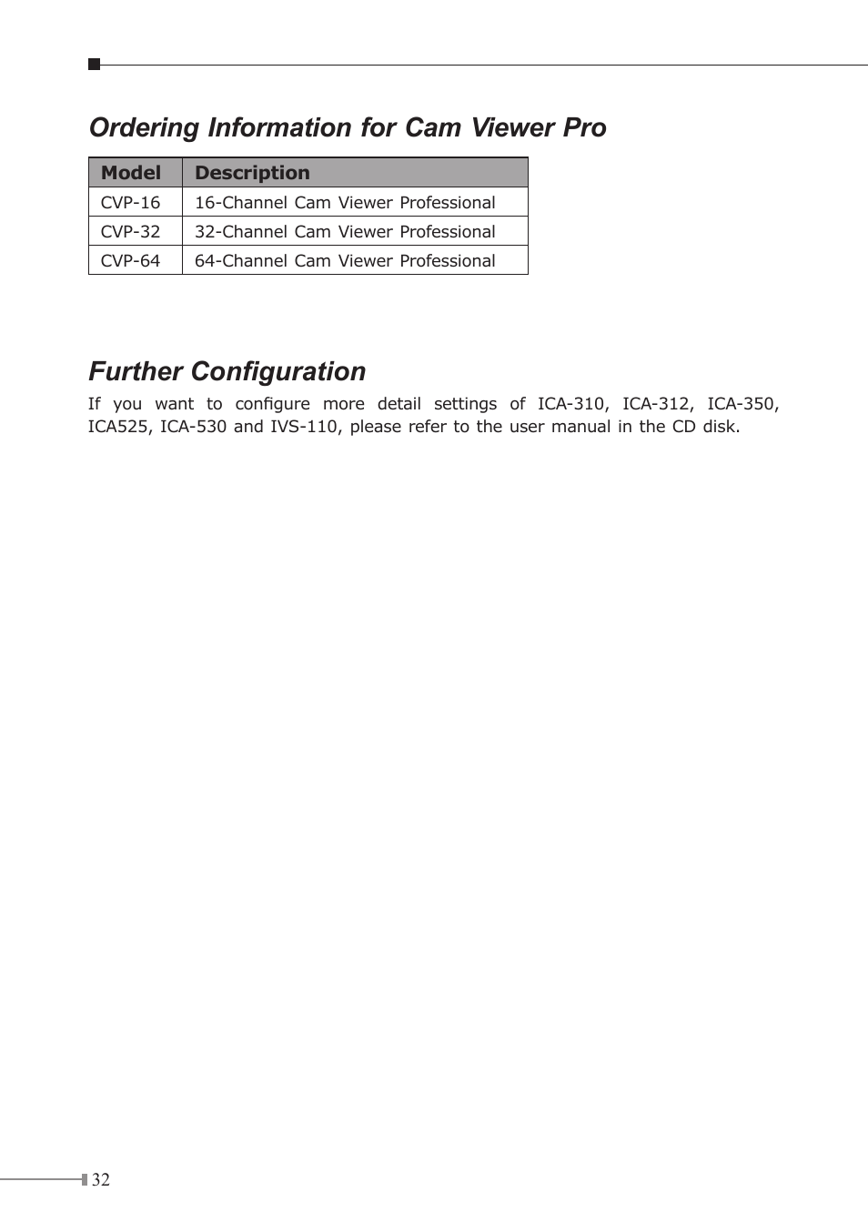 Ordering information for cam viewer pro, Further configuration | PLANET ICA-310 User Manual | Page 32 / 32