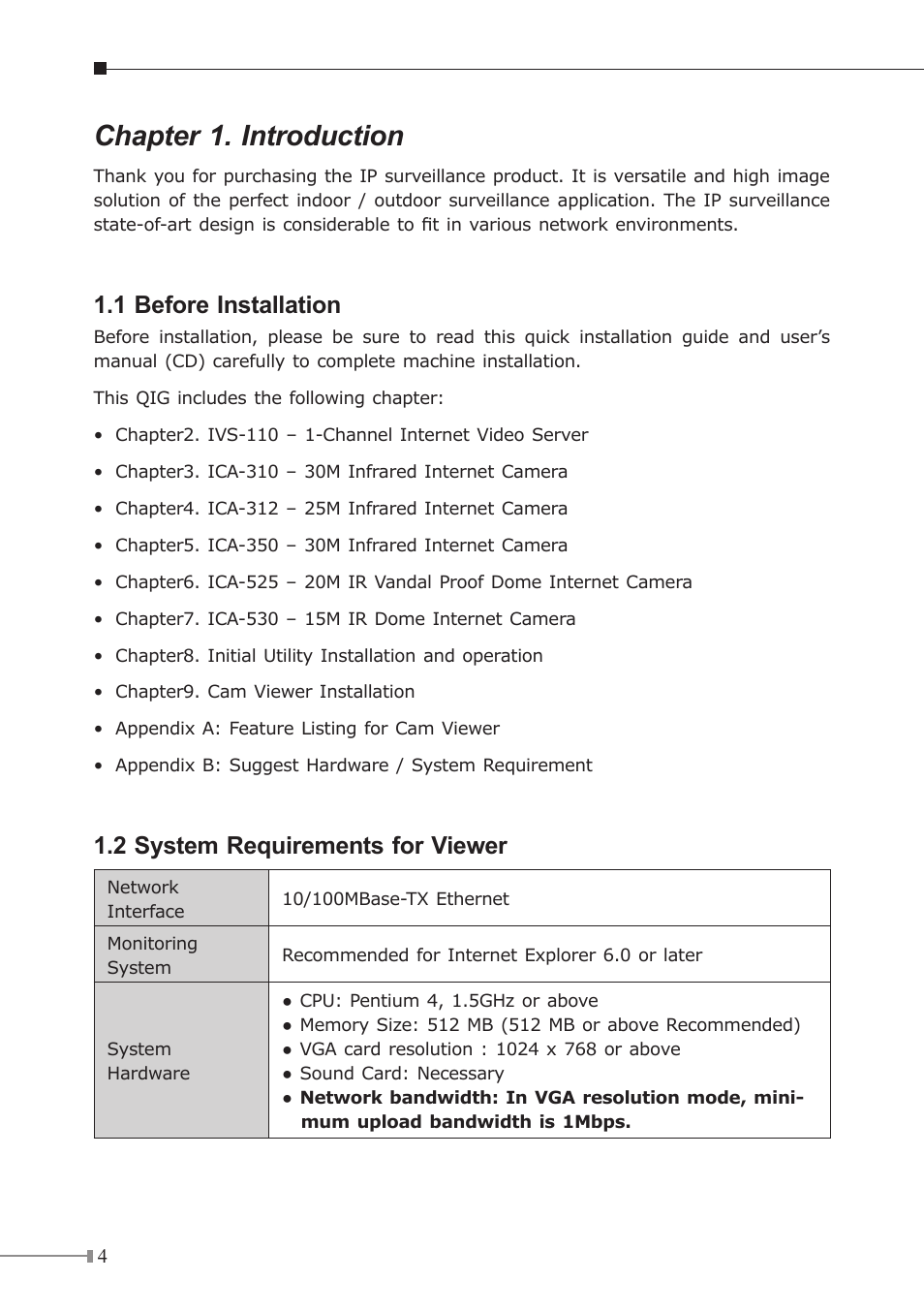 Chapter 1. introduction, 1 before installation, 2 system requirements for viewer | PLANET ICA-310 User Manual | Page 4 / 32