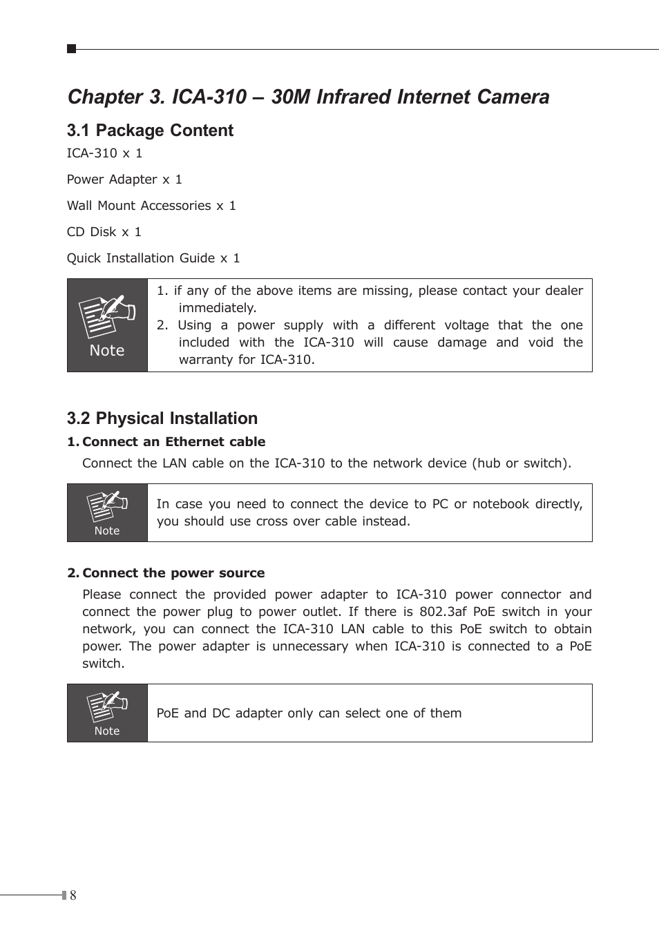 1 package content, 2 physical installation | PLANET ICA-310 User Manual | Page 8 / 32