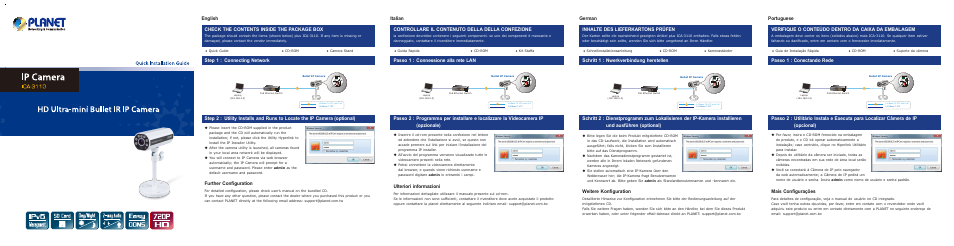 Check the contents inside the package box, Step 1 : connecting network, Further configuration | Inhalte des lieferkartons prüfen, Schritt 1 : nwerkverbindung herstellen, Weitere konfiguration, Passo 1 : conectando rede, Mais configurações, Controllare il contenuto della della confezione, Passo 1 : connessione alla rete lan | PLANET ICA-3110 User Manual | Page 2 / 10