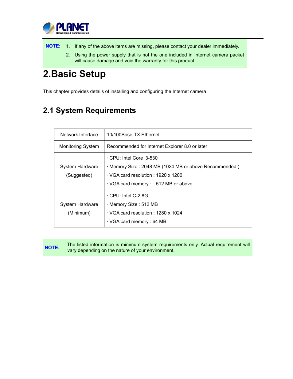 Basic setup, 1 system requirements | PLANET ICA-3250V User Manual | Page 10 / 80