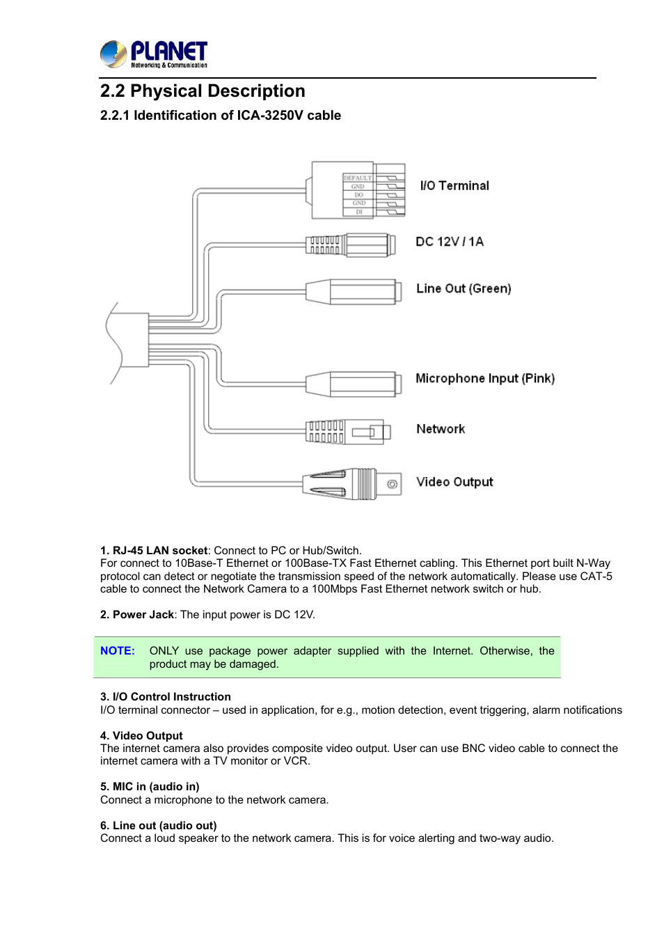 2 physical description, 1 identification of ica-3250v cable | PLANET ICA-3250V User Manual | Page 11 / 80