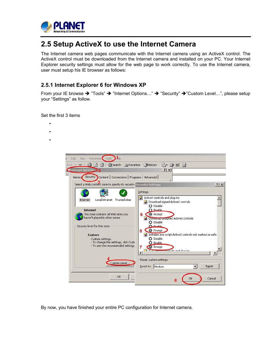 5 setup activex to use the internet camera, 1 internet explorer 6 for windows xp | PLANET ICA-3250V User Manual | Page 21 / 80