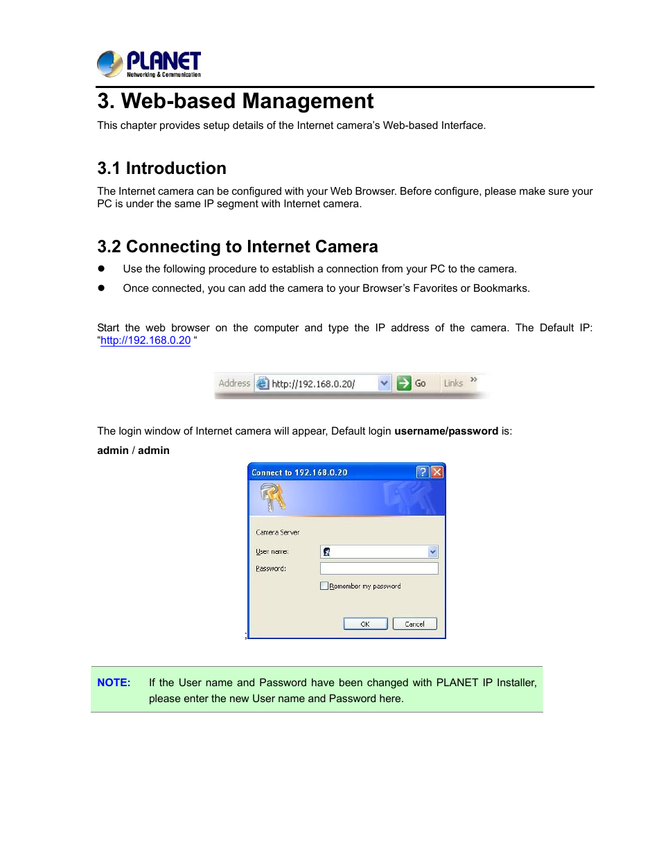 Web-based management, 1 introduction, 2 connecting to internet camera | 1 introduction 3.2 connecting to internet camera | PLANET ICA-3250V User Manual | Page 24 / 80