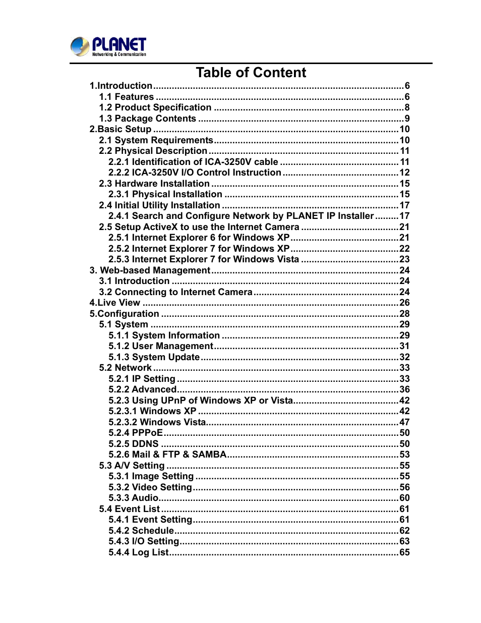 Table of content | PLANET ICA-3250V User Manual | Page 4 / 80